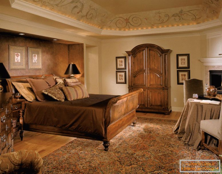 század közepén-royal-háló-fa-ágy-frame-bútor-perzsa-szőnyeg-barna-feature-fal