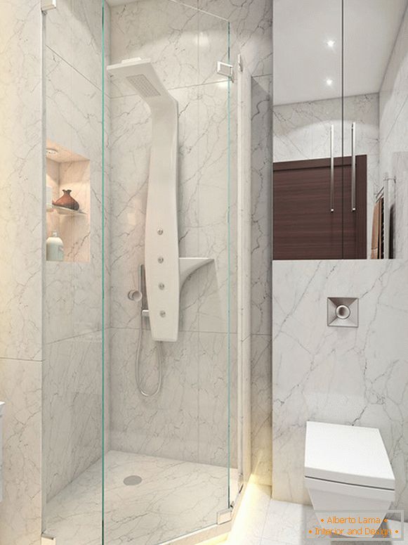 Az ötlet egy kis fürdőszobában egy nem szabványos zuhanykabin