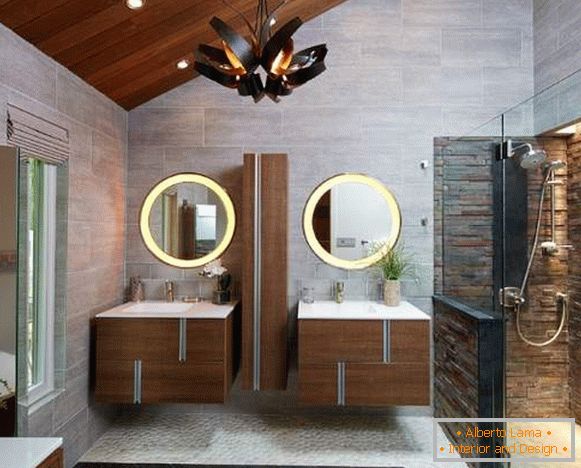 Gyönyörű fürdőszobák - fotók fa és kő díszítéssel
