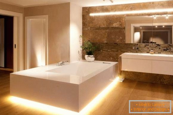 Gyönyörű fürdőszoba kialakítás beépített LED háttérvilágítással