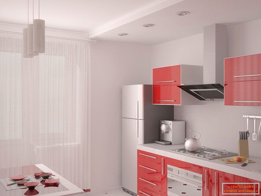 Könnyű belső tér piros konyhával