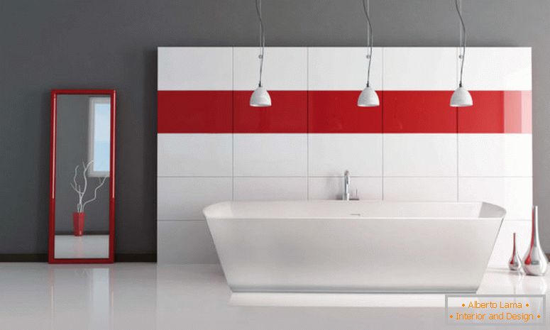 inspiráció-fürdőszoba-bájos-tripla ipari medál lámpák-over-szabadonálló kád-as-is-a-piros-csíkos-fali matrica-as díszítik-in-szürke-piros-fürdőszoba-decorating- ötletek-csábító piros-fürdőszoba-for
