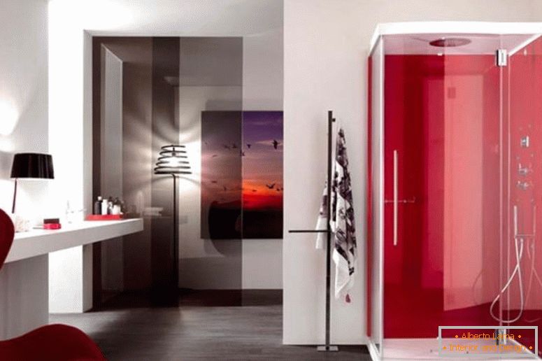 kényelmes-tojás szék-on-félelmetes-piros-fürdőszoba-design-feat-üveg zuhany ajtó plusz úszó-hiúság