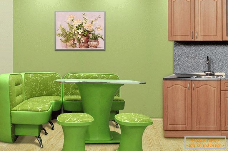 Világos zöld asztal a konyhában