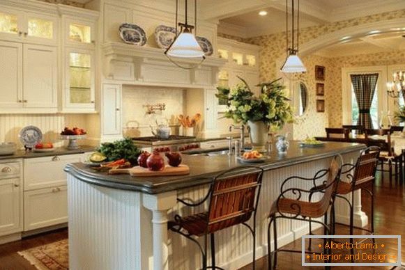 Fehér konyha nappali az ország stílusában - klasszikus design