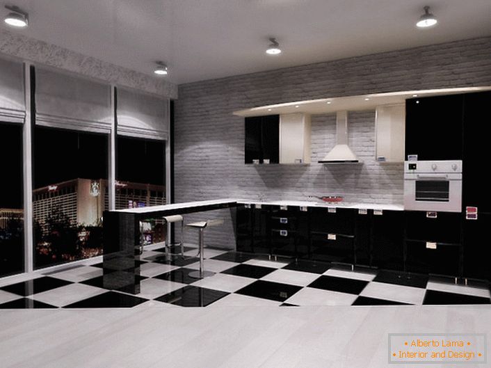 A stílusi apartman panorámaablakkal rendelkező minimalista stílusú konyhája kitűnő választás azok számára, akik szeretik a térséget és a cselekvés szabadságát.