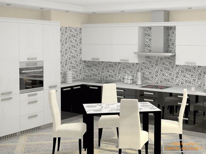 A beépített készülékekkel ellátott, fehér, fekete konyha csúcsminőségűnek néz ki, szervesen a design ötlet általános koncepciójában. 