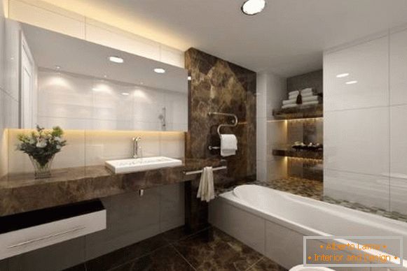 Világos fürdőszoba sötét márvány részletekkel