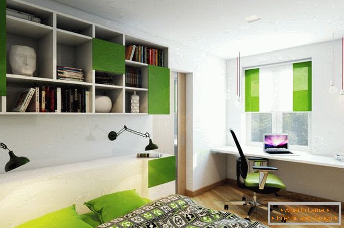 Zöld ékezetek egy kis stúdió apartman hálószobájában Oroszországban