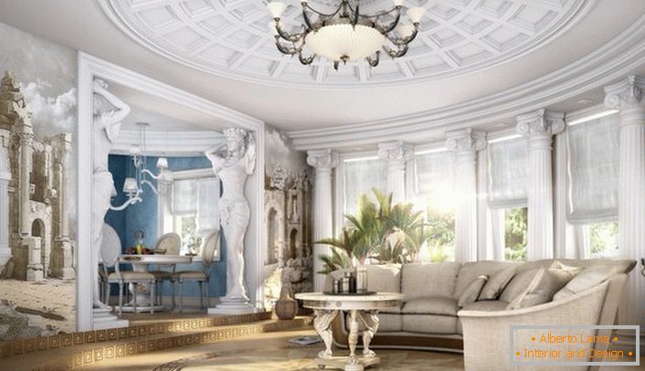 Tágas neoklasszikus stílusú nappali, megfelelően választott bútorokkal. A klasszikus dizájn a modern teljesítményben.