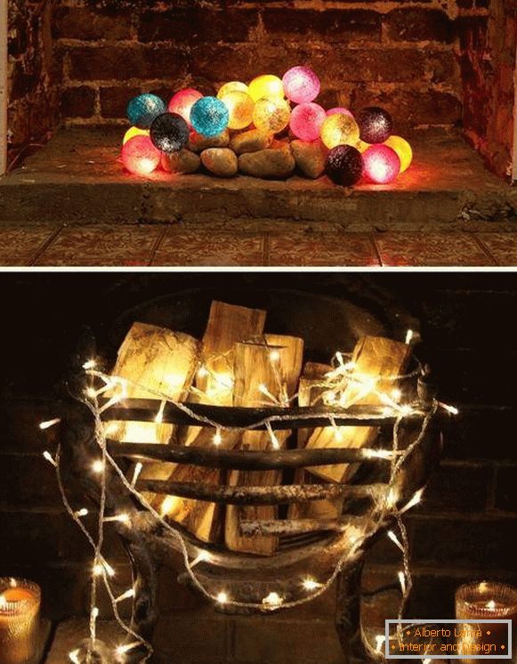 LED garland labdák és a hagyományos, mint a kandalló dekoráció