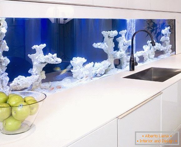 Egy akvárium korallokkal a konyhában