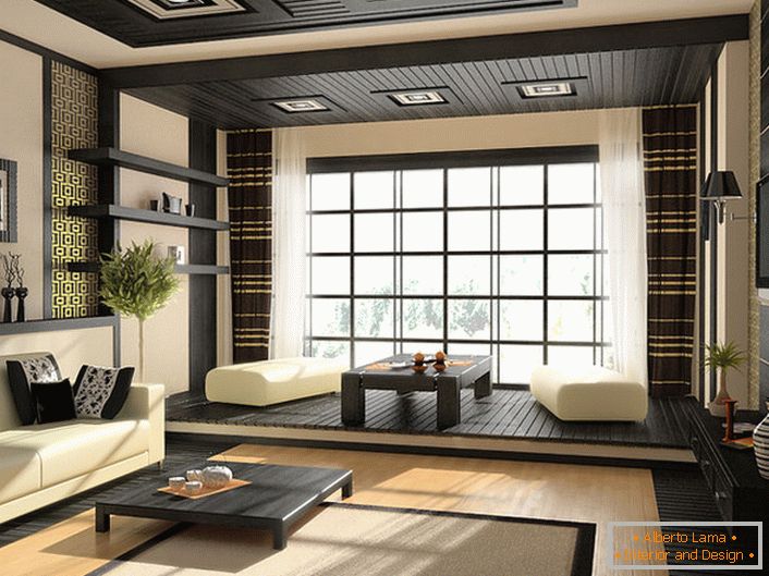 Laconizmus, egyszerűség, jellegzetes színek és a japán stílus díszítése a nappali belsejében.