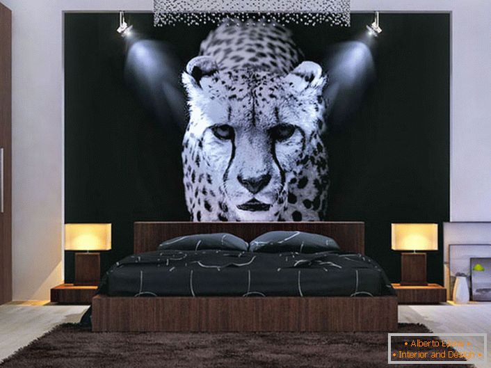 Jó design megoldás a hálószobában. A teljes kompozíció közepén egy leopárdos, megvilágított panel.