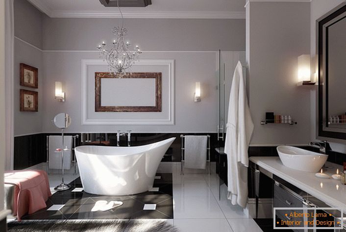 Tágas, világos fürdőszoba. A vékony design megoldást naturális szőnyegnek nevezhetjük.