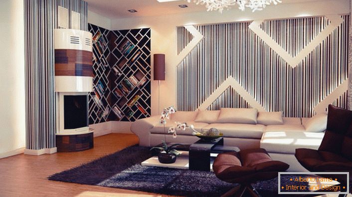 A tágas hálószoba avantgárd formákkal a belső téren, bútorokon és egy bio kandalló portálon