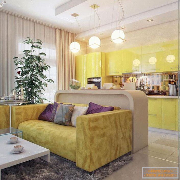 A konyha-nappali kitűnő, funkcionális megoldás a modern metropoliszban elhelyezkedő apartman tervezéséhez. 