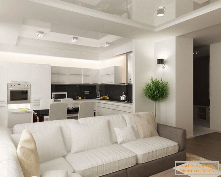 A konyha és a nappali kombinációja hatékony megoldásnak számít elégtelen helyiségek esetén. 
