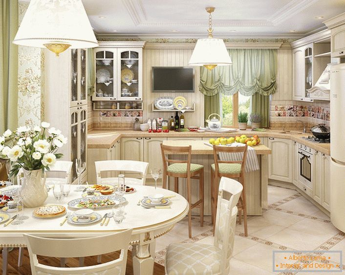 A vidéki stílusban szervezett konyhát a nappalival kombinálják. A világos és dekoratív ékezetek helyes elrendezése vonzó és kifinomult a szoba.