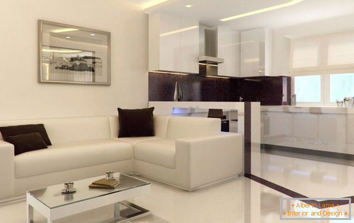 Stúdió apartman a minimalizmus stílusa tágas és világos. A belső felület felesleges dekoratív elemei nem túlterhelik a belső térben.