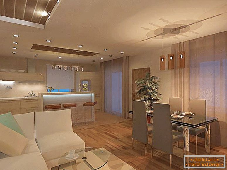 A minimalista nappali a konyhával kombinálva. A minimalista stílusban a mennyezeti csillárok használata nem jellemző, a legjobb megoldás a pont LED világítás.