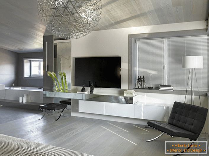 A minimalista stílus egyik jellemzője a bútorok kárpitozása és a fém krómozású elemek egyszínű anyagának használata.