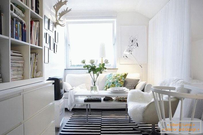 A fekete-fehér klasszikus kombinációja a skandináv stílusú belső térben nyereségesnek tűnik. A fehér bútorok a nappali világosak és kényelmesek.