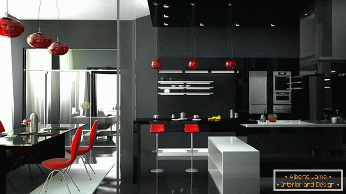 Elegáns stúdió szoba eredeti high-tech bútorokkal. A piros szín mindig a belső fekete-fehér háttérre néz.