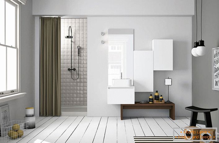 A skandináv stílusú fürdőszobában a csiszolt padló különösen vonzó. 