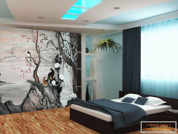 A hálószobai falak díszítésére a japán minimalizmus stílusában használták a fotónyomtatással ellátott háttérképet. A tematikus rajz eredetinek és teljesnek teszi a kompozíciót.