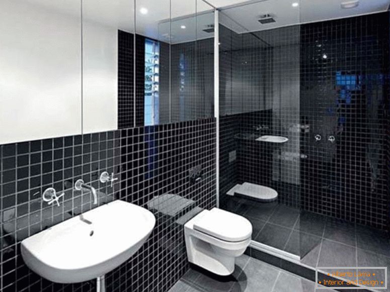 minimalista belső dekor-kapcsolt-with-fekete-fürdőszoba-ötletek-for-modern-fürdőszoba berendezett-with-porcelán-mosogató-és fali csaptelep-under-nagy-fali tükör