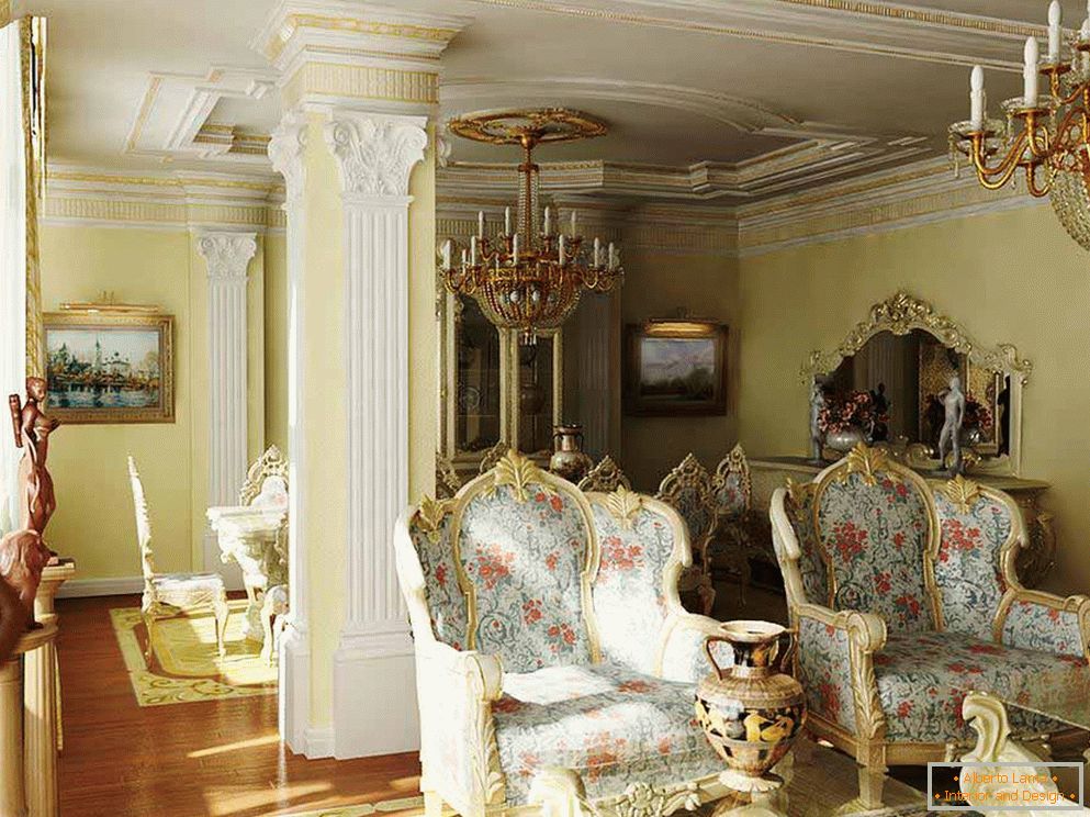 Barokk nappali, megfelelően megválasztott világítással. Szintén érdekes az oszlopok kerámia öntéssel.