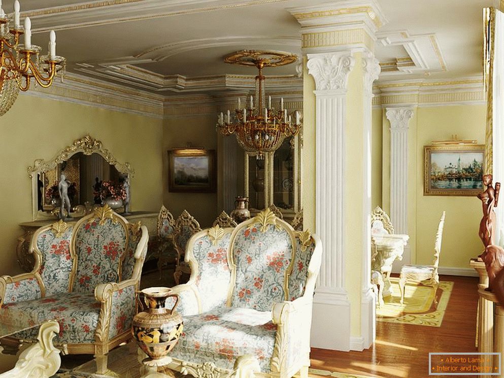 Exkluzív, luxus színvonalú barokk stílus a vendégszobában. A világos megvilágítás példája a barokk stílusnak.
