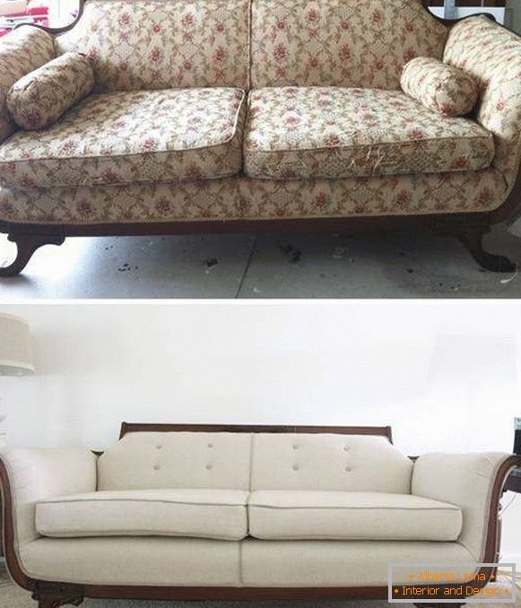 Kárpitozott bútorok helyreállítása - kanapé fotó előtt és után