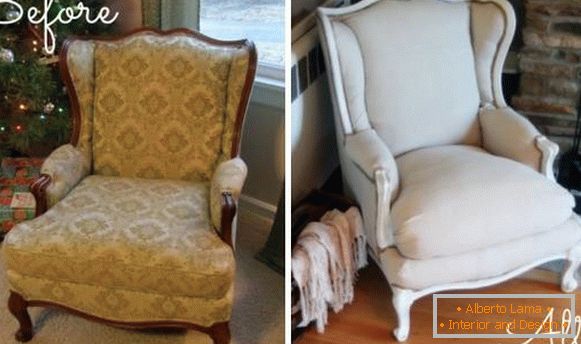 Kárpitozott bútorok helyreállítása - a karosszék képe a javítás előtt és után