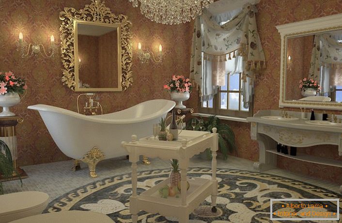 Design stílusban tervezett stílusos fürdőszoba Empire stílusban. Exkluzív fürdőszoba négy alakú arany lábakkal, tükrök faragott keretben, egy kőkristályból készült csillár tökéletesen illeszkedik.