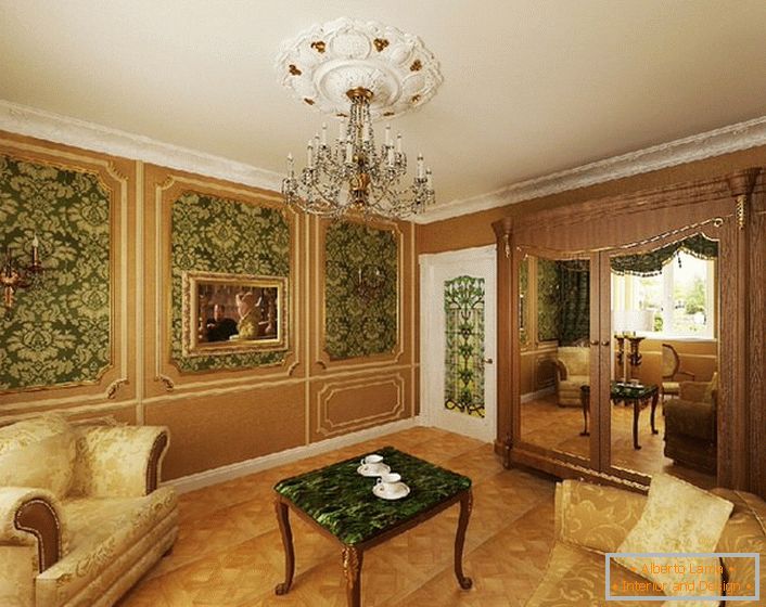 A nemes zöld szín és a sárga arany kombinációja amperstílusú vendégszobában nyereségesnek tűnik.