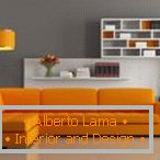 Sarok narancssárga kanapé szürke belső térben