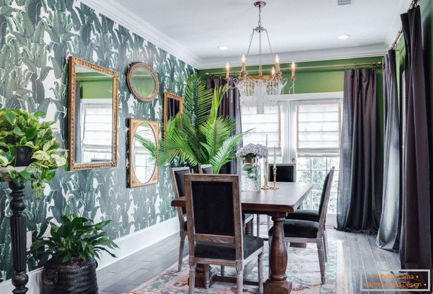 Zöld falak és szürke függönyök a szoba dekorációjánál