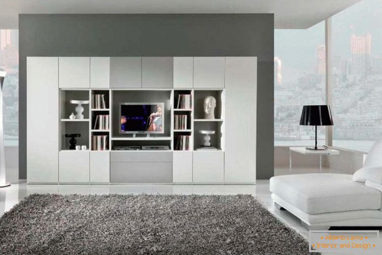 amazing-nappali-szín-design-with-modern belső-nappali-with-fehér nagy könyvszekrény-nappali-design-is-modern-fur-szőnyeg szürke-design-ötleteket