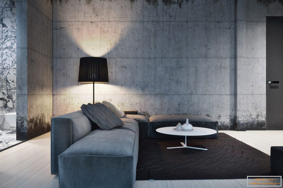 Nappali szoba minimalista stílusban, szürke padlóval