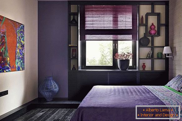 Hálószoba lila - fénykép design sötét fa