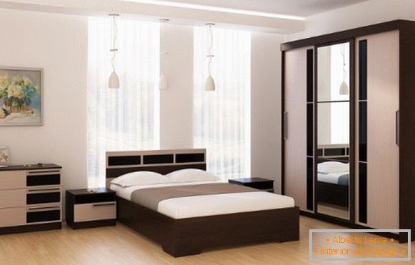 A hálószoba szekrényeinek modern kialakítása a hálószobában - két szín és egy tükör