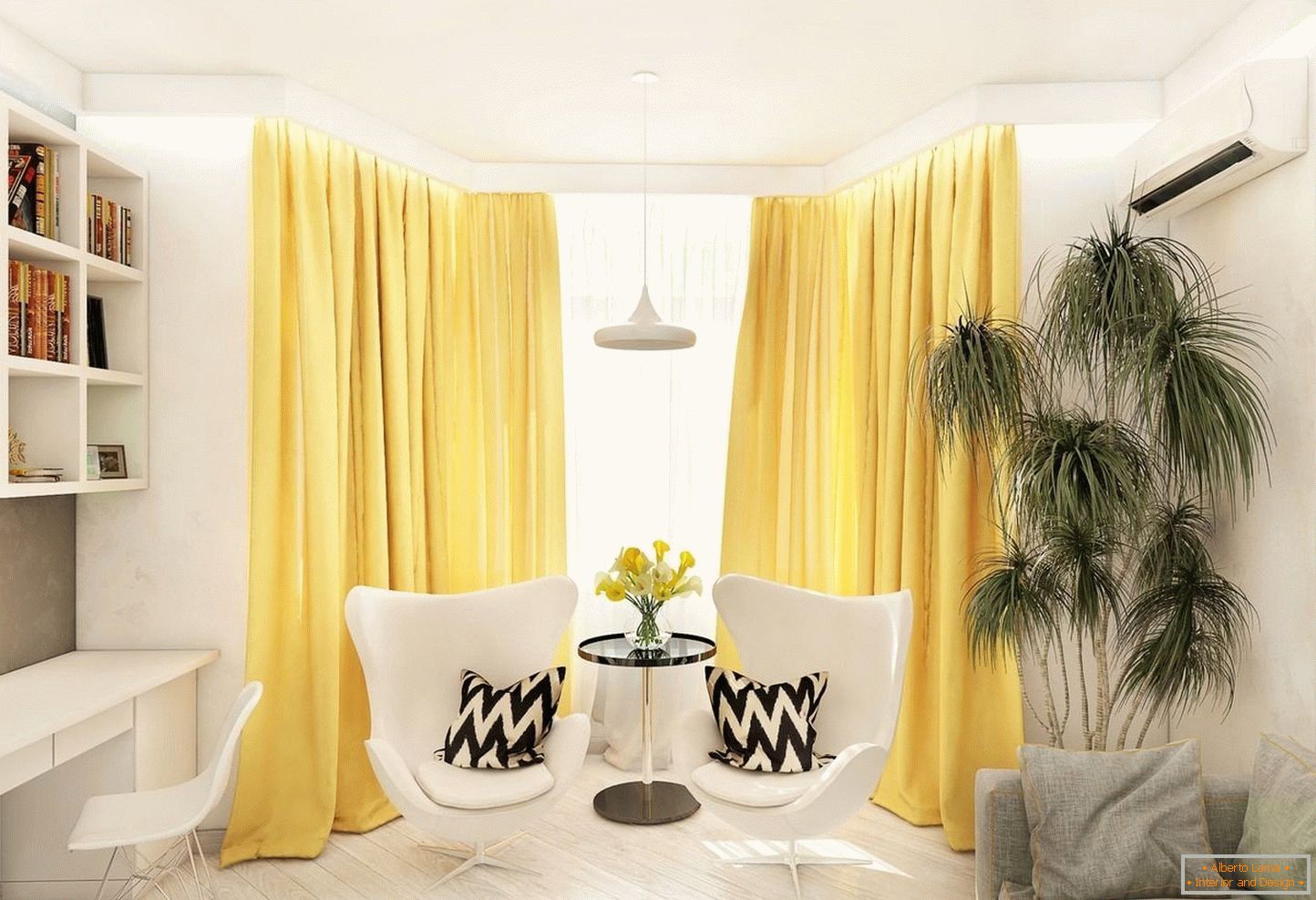 Sárga függönyök a fehér nappaliban