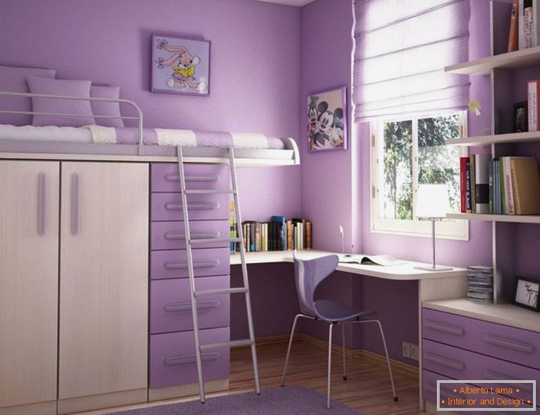 Kényelmes szobás-design-ötlet-for-tizenéves lányok--with-lila-fali krém-emeletes ágy-with-lila-fiókok-fehér-ablakkeret-csodálatra szobás-design-ötleteket natívaként tizenéves lányok-