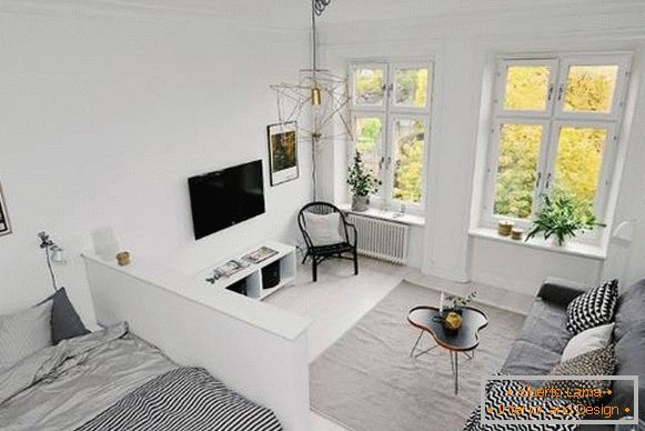 Egyszobás apartman skandináv stílusban - nappali és hálószoba