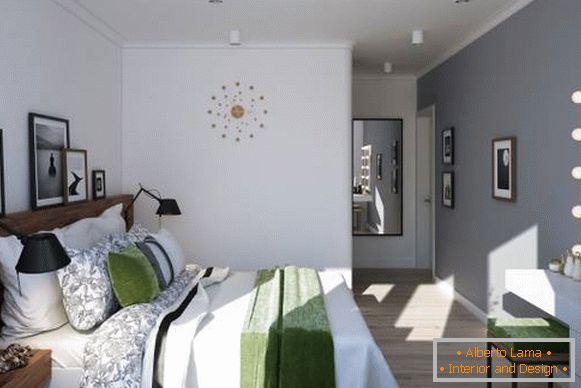 A hálószobában kialakított kétszobás lakás skandináv stílusban