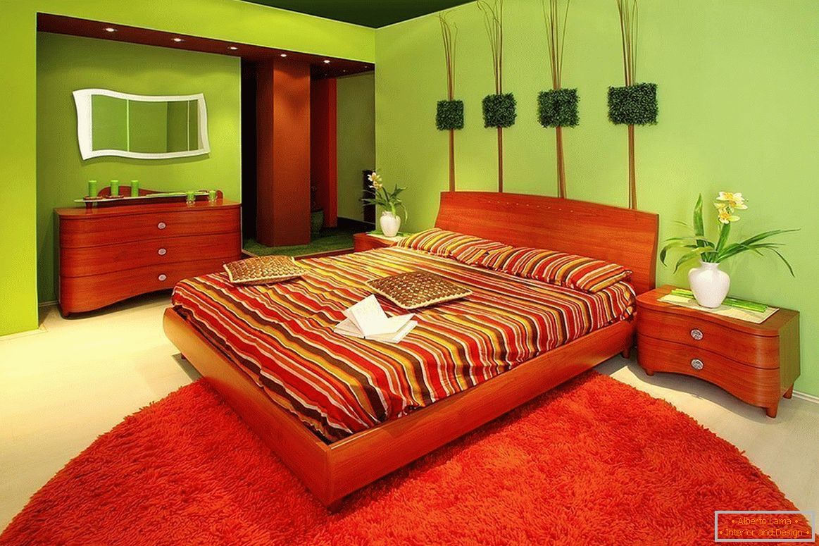Vörös és zöld hálószoba belső