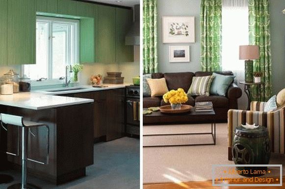Gyönyörű színek kombinációja a belső térben - barna és zöld