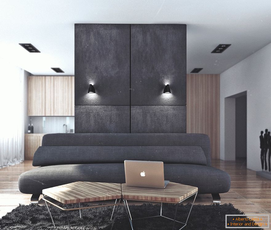 A fekete és a fa kombinációja a nappaliban egy lakásban egy sikeres agglegény számára Oroszországban